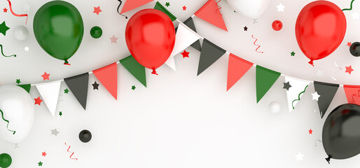 Independence day design creative concept for United Arab Emirates UAE, Kuwait, Palestine, Jordan, Sudan. Flying balloon red, white, green, black color on background studio lighting. 3D illustration.