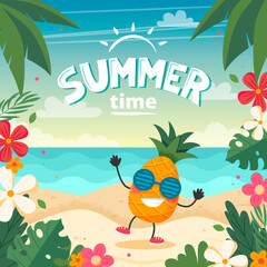 Summer time card with pineapple character, beach landscape, lettering and floral frame. Vector illustration in flat style