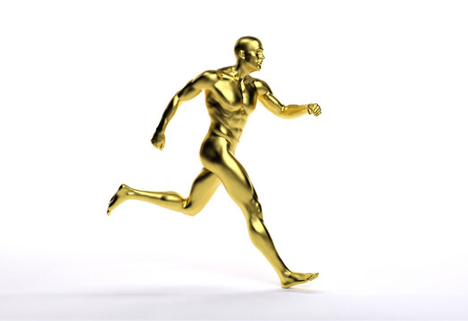3D Render : an illustration of a male runner character model with gold texture