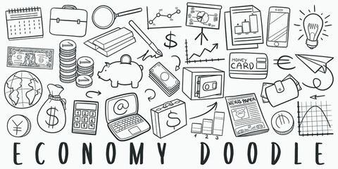 Economy Doodle Line Art Illustration. Hand Drawn Vector Clip Art. Banner Set Logos.