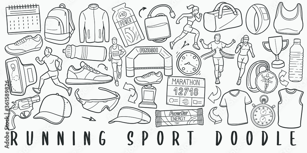 Wall mural Runner Sport Doodle Line Art Illustration. Hand Drawn Vector Clip Art. Banner Set Logos.