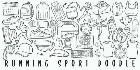 Runner Sport Doodle Line Art Illustration. Hand Drawn Vector Clip Art. Banner Set Logos.