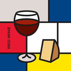 Red wine glass with slab of cheese. Modern style art with rectangular shapes. Piet Mondrian style pattern.