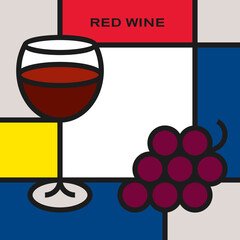 Red wine glass with bunch of red grapes. Modern style art with rectangular shapes. Piet Mondrian style pattern.