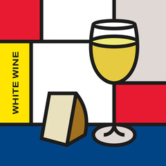White wine glass with slab of cheese. Modern style art with rectangular shapes. Piet Mondrian style pattern.