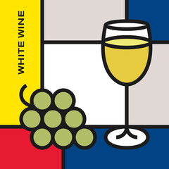 White wine glass with bunch of white grapes. Modern style art with rectangular shapes. Piet Mondrian style pattern.