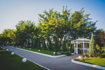 White wooden arbor on the street in a green park. A cozy place to spend time