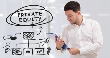 Business, technology, internet and network concept. Young businessman thinks over the steps for...