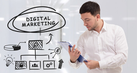 Business, technology, internet and network concept. Young businessman thinks over the steps for successful growth: Digital marketing