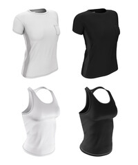 Shirt and t-shirt for sports activities. Women's sportswear. 3d illustration of white and black color. Template, Mock up. Clothing for presentation of print design.