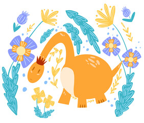 Illustration of a dinosaur Princess with flowers on a white background. For the design of books, notebooks, covers and use in textiles.