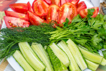 chopped tomatoes, cucumbers and greens are on a plate, close-up