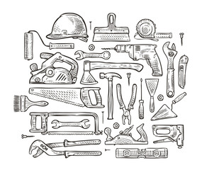 Building tools hand-drawn sketch. Construction vector illustration - obrazy, fototapety, plakaty