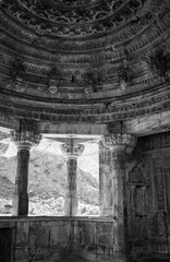 Interior of an abandoned temple in cursed ruined fort in a haunted place Bhangarh fort located in Rajasthan, India