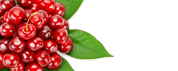 Appetizing cherry isolated on a white background. Wide photo. Free space for text.