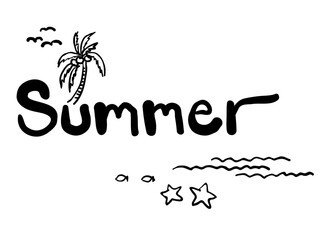 black and white raw hand writing summer season calligraphic with childish illustration decoration vector design