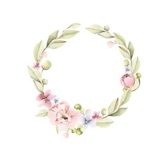 Watercolor composition with hand painted pink flowers of peony and leaves inspired by garden plants. Romantic floral background perfect for fabric textile, vintage paper or scrapbooking