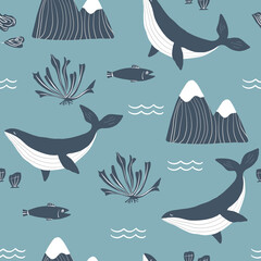 Simple whale Orcas, monochrome mountains and sea shells blue background seamless pattern. Vector illustration. Repeating pattern design.