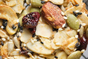 Mixed Nut and Dried fruits and Seeds Florentine, Gluten free whole foods Healthy biscuit cookies. set on cafe table.