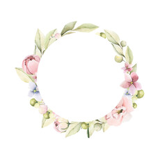 Watercolor frame with hand painted pink flowers of peony and leaves in pastel colors inspired by garden plants. Romantic floral background perfect for fabric textile, vintage paper or scrapbooking