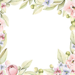 Naklejka premium Watercolor frame with hand painted pink flowers of peony and leaves in pastel colors inspired by garden plants. Romantic floral background perfect for fabric textile, vintage paper or scrapbooking