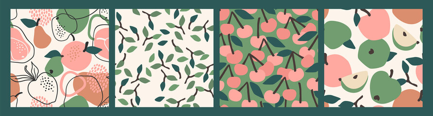 Vector seamless patterns with fruits. Trendy hand drawn textures.