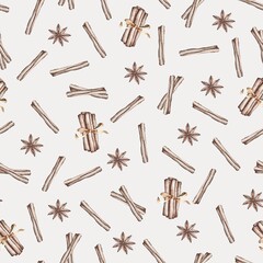 Seamless pattern with cinnamon and star anise on a grey background. illustration with fragrant spices for printing on textiles, paper, ceramics.