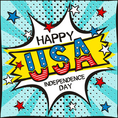 Bright pop art picture for USA Independence Day. Template by July 4th in national colors of the United States of America. Square cartoon web banner for social media post template. Vector illustration