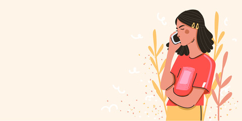 The girl is talking on the phone. Background for the site. The concept of planning, talking on the phone. Calls, problem solving. Flat illustration. Vector.