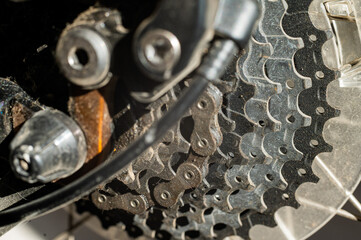 Mountain bike wheel gears closeup. Brake system. Close-up. Shifting speeds.
