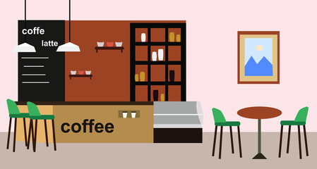Cozy cafe with different types of coffee and desserts, vector graphics