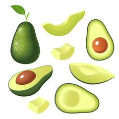 Set of fresh whole, half, cut slice avocado isolated on white background. Organic fruit.