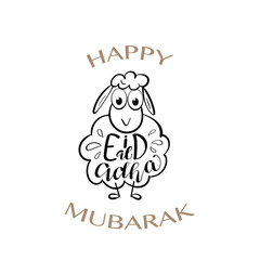 Eid Mubarak greeting card with sheep and lettering calligraphy