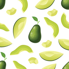 Slices and a whole avocado on a white background. Seamless vector pattern.