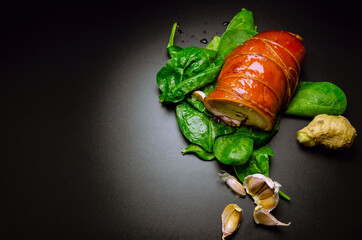Traditional Asian Chaashu Piece Of Pork Meat With Baby Spinach Garlic And Ginger