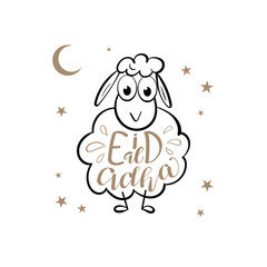 Eid Mubarak greeting card with sheep and lettering calligraphy