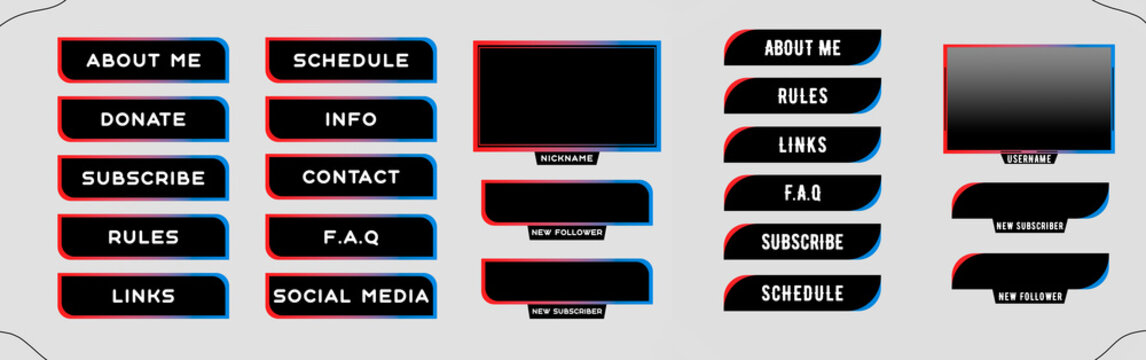 Twitch two sets of modern red-blue gaming panels and overlays for live stream. Design alerts and buttons. 16:9 and 4:3 screen resolution. Twitch overlays  design template