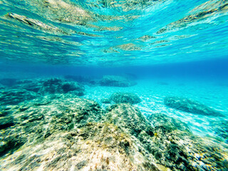 Fototapeta na wymiar Underwater view of rocks and sand in Alghero sea bed