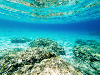 Underwater view of Alghero shore with rocks and white sand