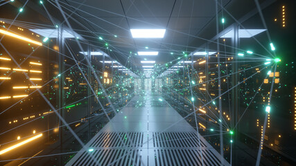 Digital information travels through fiber optic cables through the network and data servers behind glass panels in the server room of the data center. High speed digital lines. 3d illustration