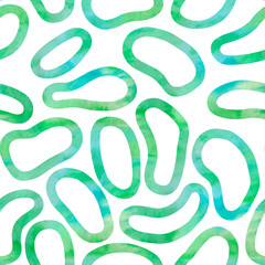Watercolor blue-green rings and ellipses on white background. Seamless pattern. Hand-painted texture. Watercolor stock illustration. Design for backgrounds, wallpapers, textile, covers and packaging