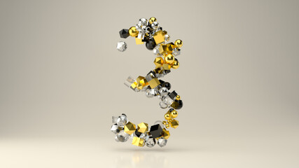 Number 3 from primitive geometric shapes. Ball, cube and polygon, made of different glass, gold, plastic. 3d illustration