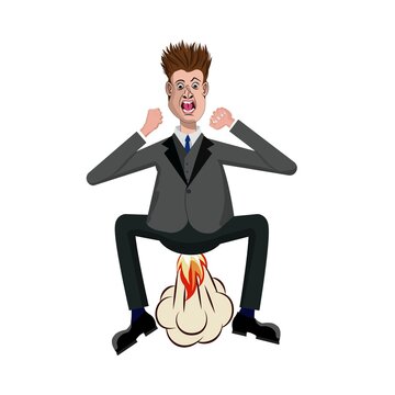 Furious outraged vector cartoon business man huge exploding and farting with fire from his ass. Rage outstanding situation concept