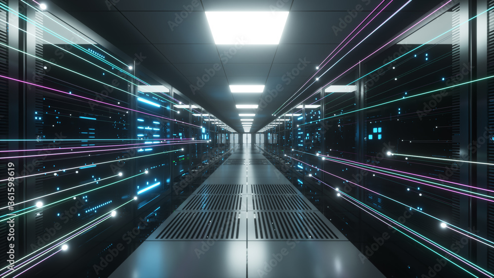Poster digital information flows through the network and data servers behind glass panels in the server roo