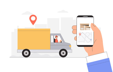 Car delivery service concept, hand holding phone with tracking courier's location. Flat style vector illustration.