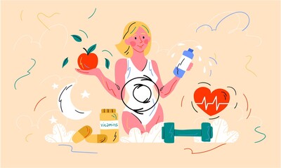 Healthy diet and metabolism concept with a young woman holding a bottle of water and tomato above a heart symbol, weights and dietary supplements, colored vector illustration