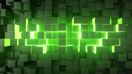 Abstract technology background for business presentations. Randomly moving cubes. Bright neon glow in the middle. 3d illustration