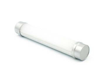 A long white light bulb on a white background