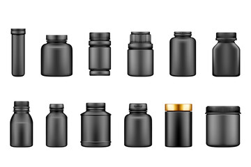 Black plastic jar mockups isolated on white background. Packaging design. Blank sport, fitness, householding or dietary nutrition, healthcare bottle template. Set of 3d realistic vector illustrations