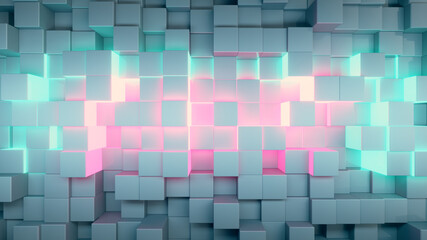 Abstract technology background for business presentations. Randomly moving cubes. Bright neon glow in the middle. 3d illustration